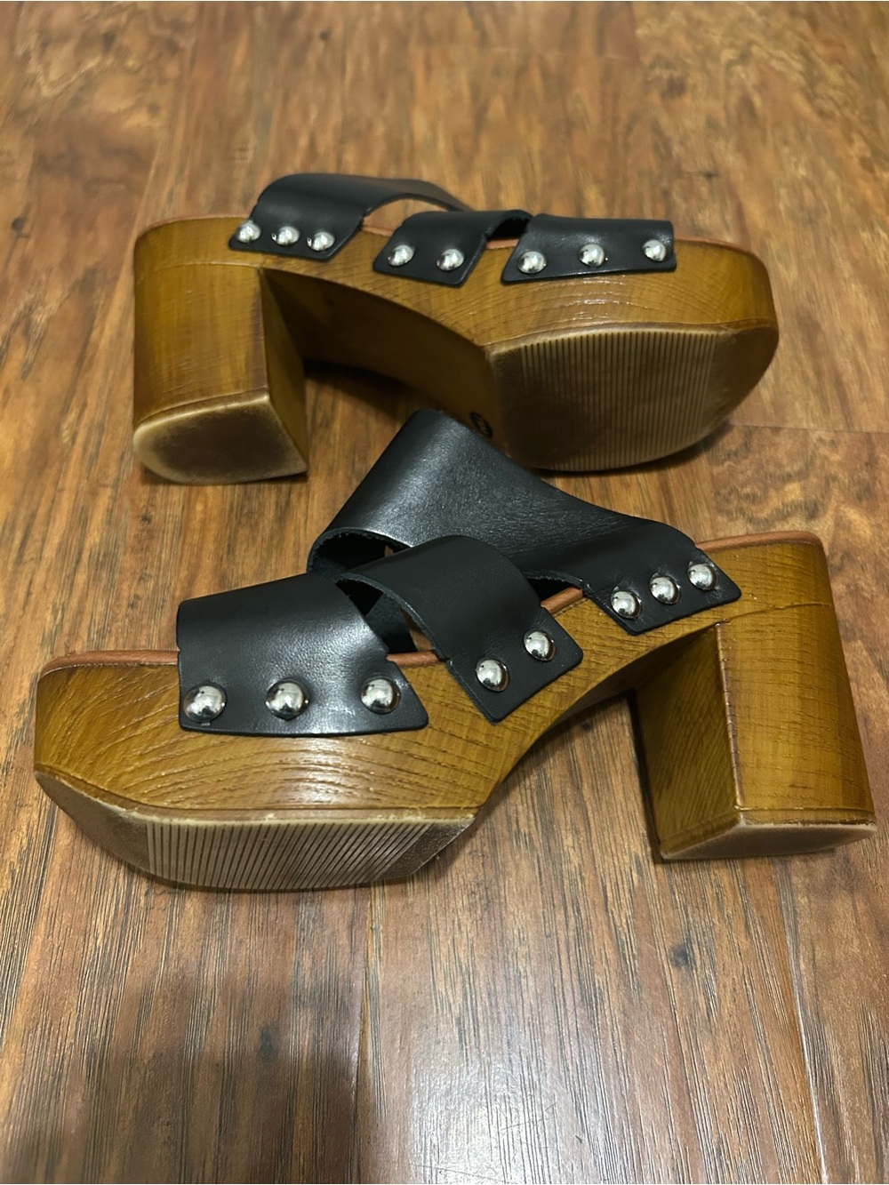 Black Leather Silver Studded Wood Platform Mules Slide-On Hippie Y2K Boho 90s - Picture 8 of 16